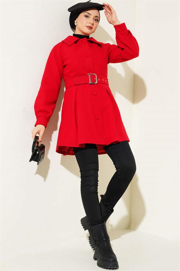 Belted Short Cashmere Coat Red