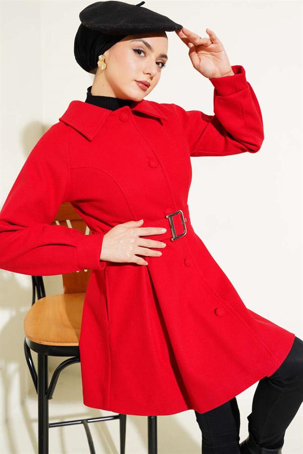 Belted Short Cashmere Coat Red