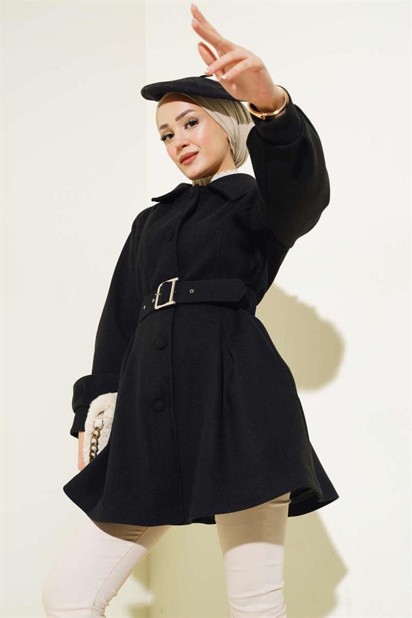 Belted Short Cashmere Coat Black