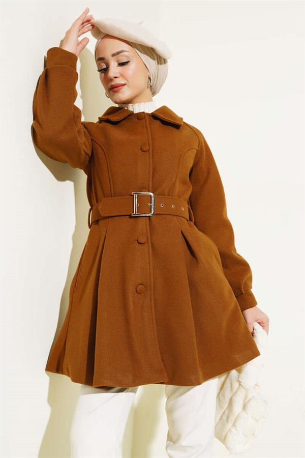 Belted Short Cashmere Coat Tan