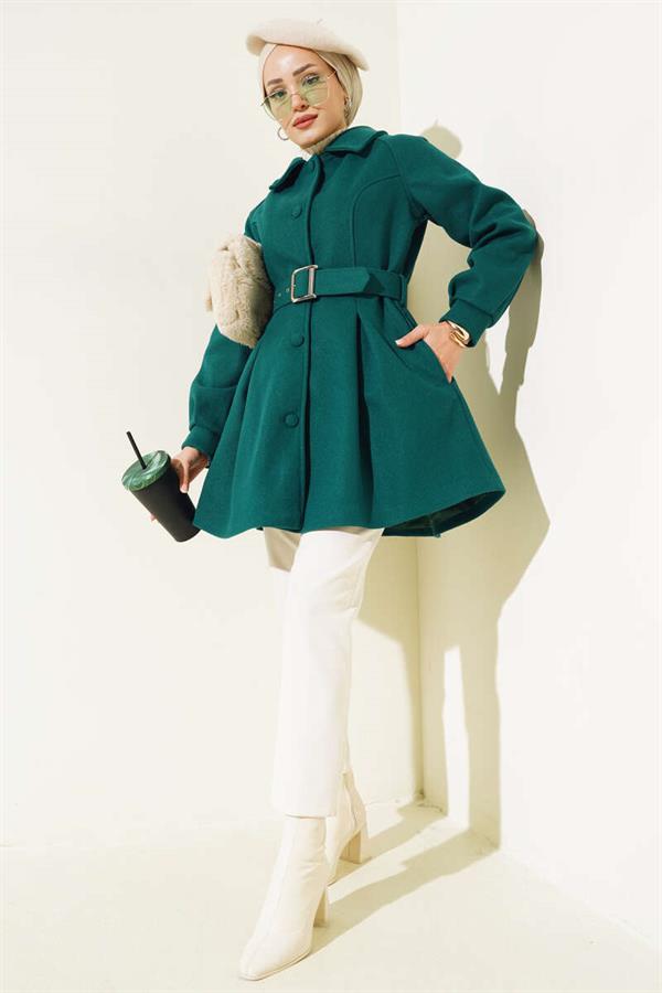Belted Short Cashmere Coat Emerald