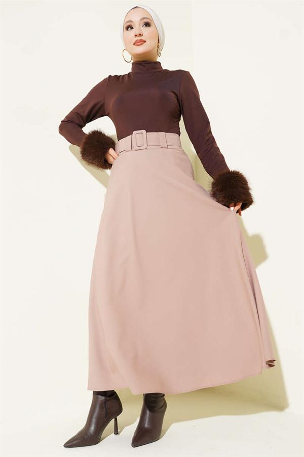 Belted Flared Double Skirt Beige
