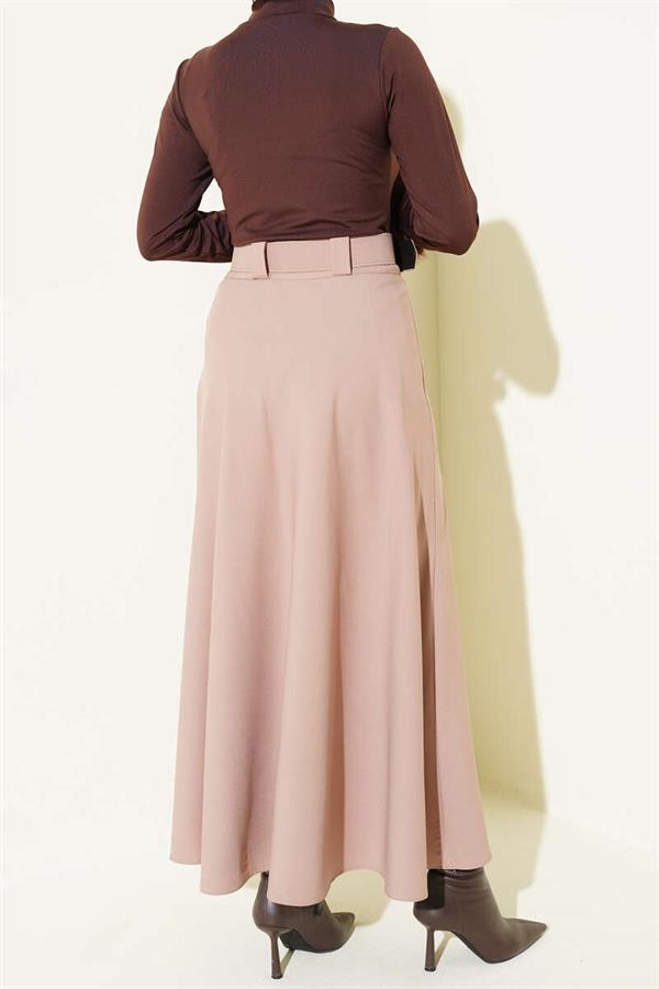 Belted Flared Double Skirt Beige