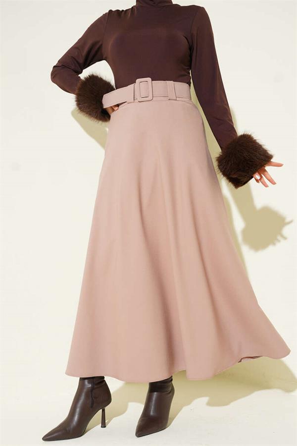 Belted Flared Double Skirt Beige