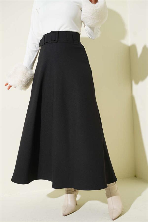 Belted Flared Double Skirt Black