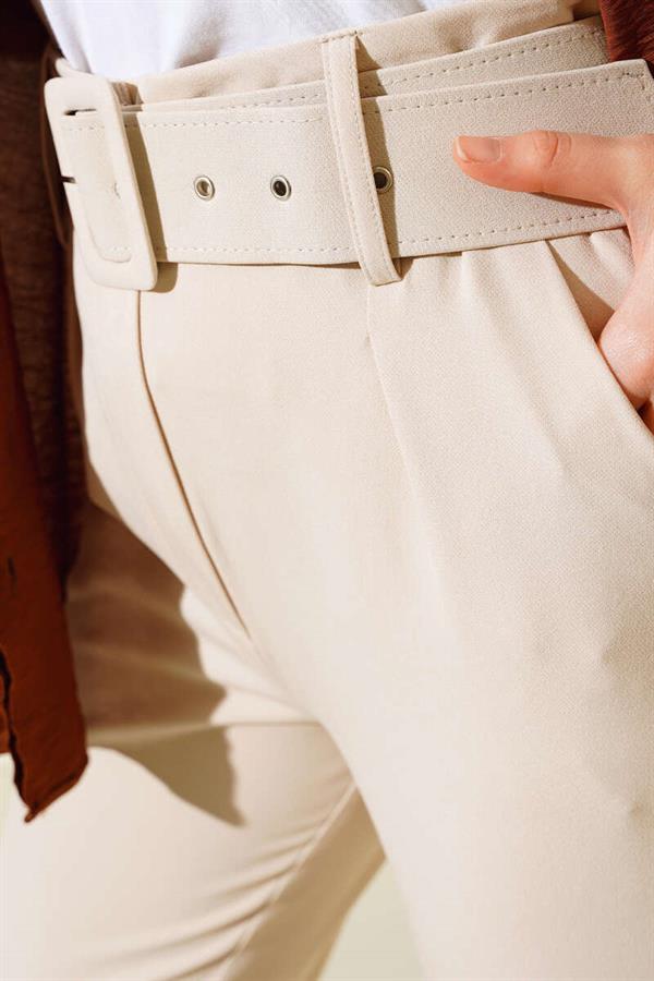 Belted Fabric Trousers with Buckle Beige