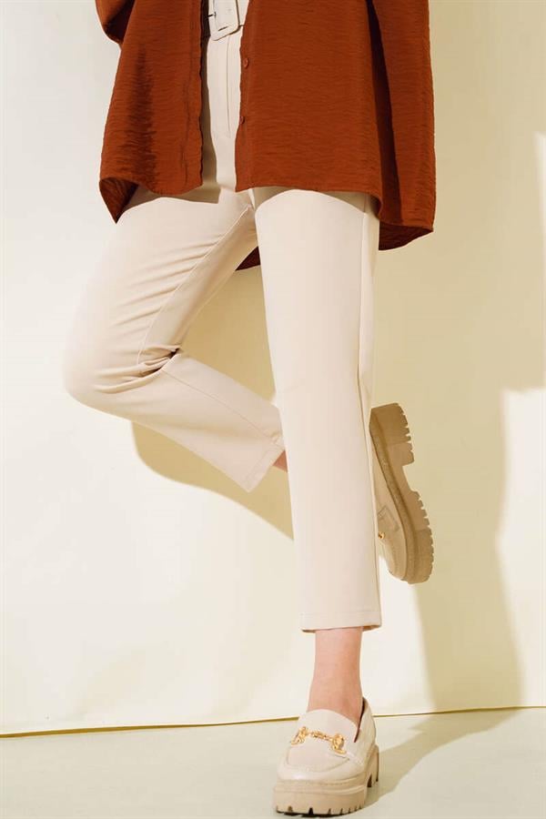 Belted Fabric Trousers with Buckle Beige