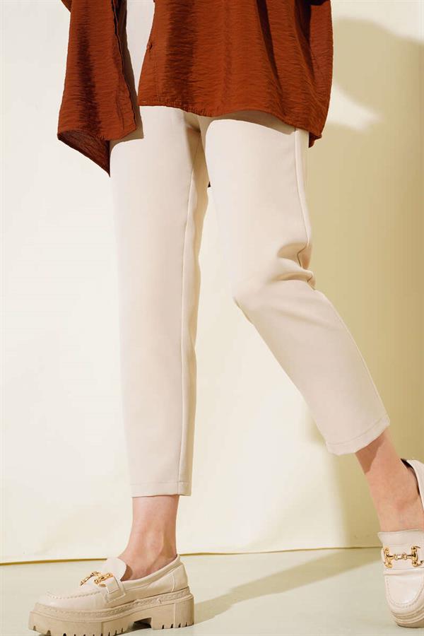 Belted Fabric Trousers with Buckle Beige
