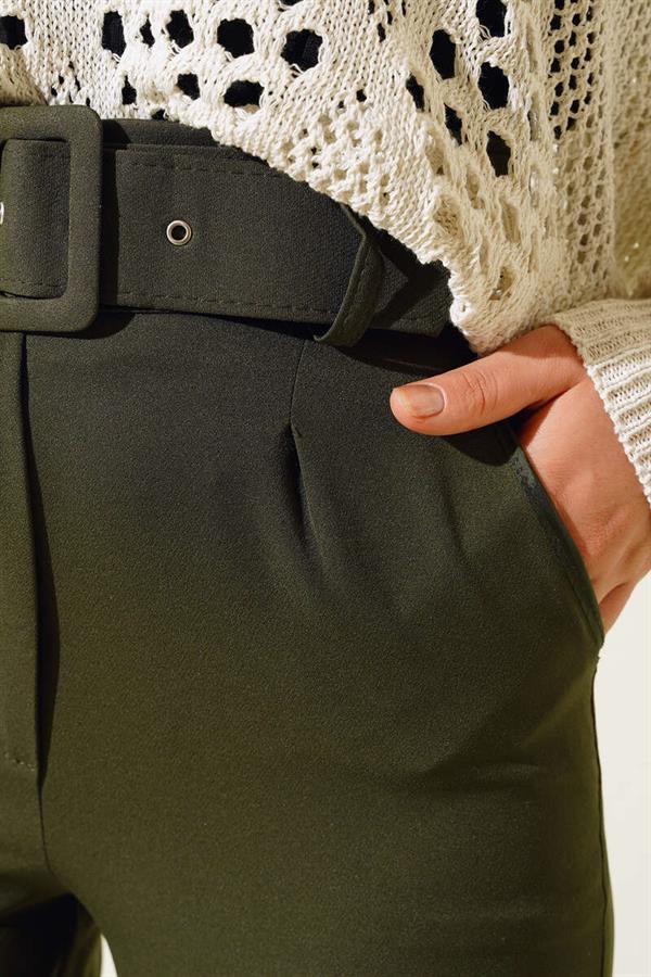Belted, Hook-and-Loop Fabric Trousers in Khaki