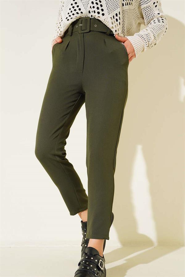 Belted, Hook-and-Loop Fabric Trousers in Khaki