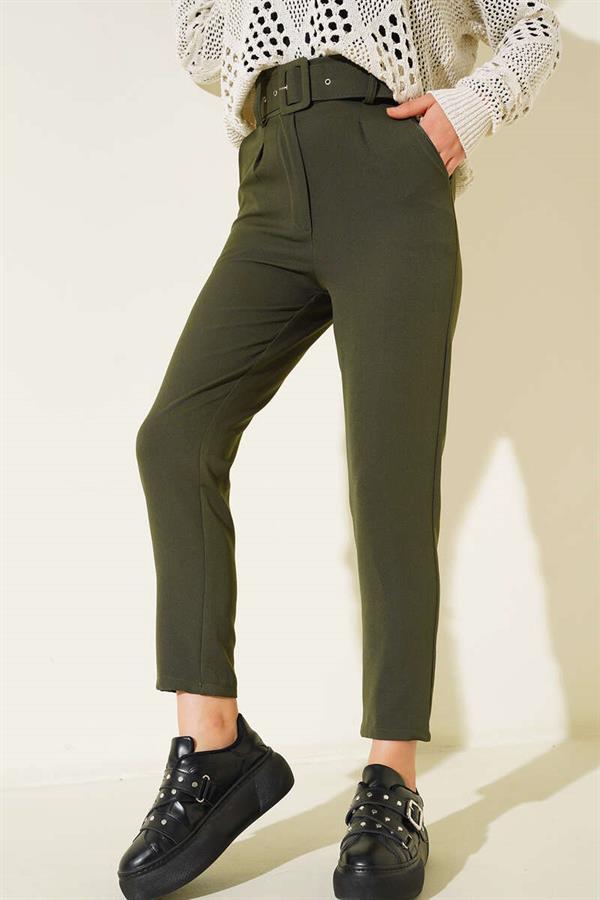 Belted, Hook-and-Loop Fabric Trousers in Khaki