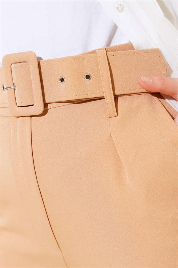 Belted Fabric Trousers with Buckles Latte