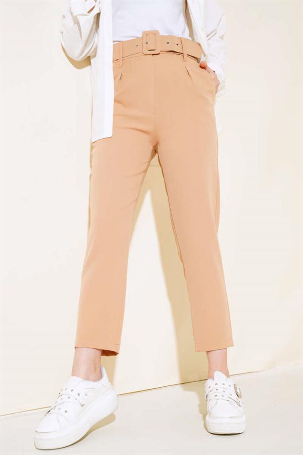 Belted Fabric Trousers with Buckles Latte