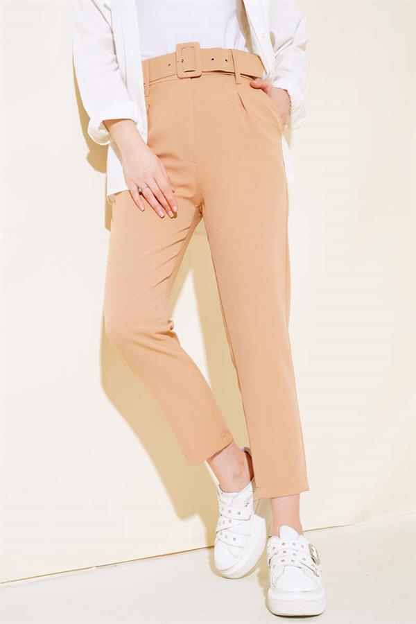 Belted Fabric Trousers with Buckles Latte