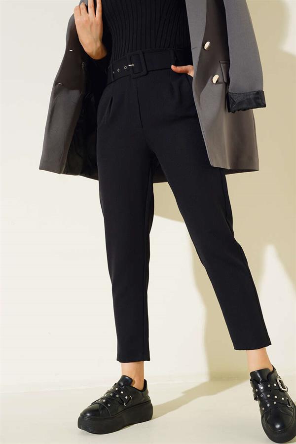 Belted, Hook-and-Loop Fabric Trousers in Black