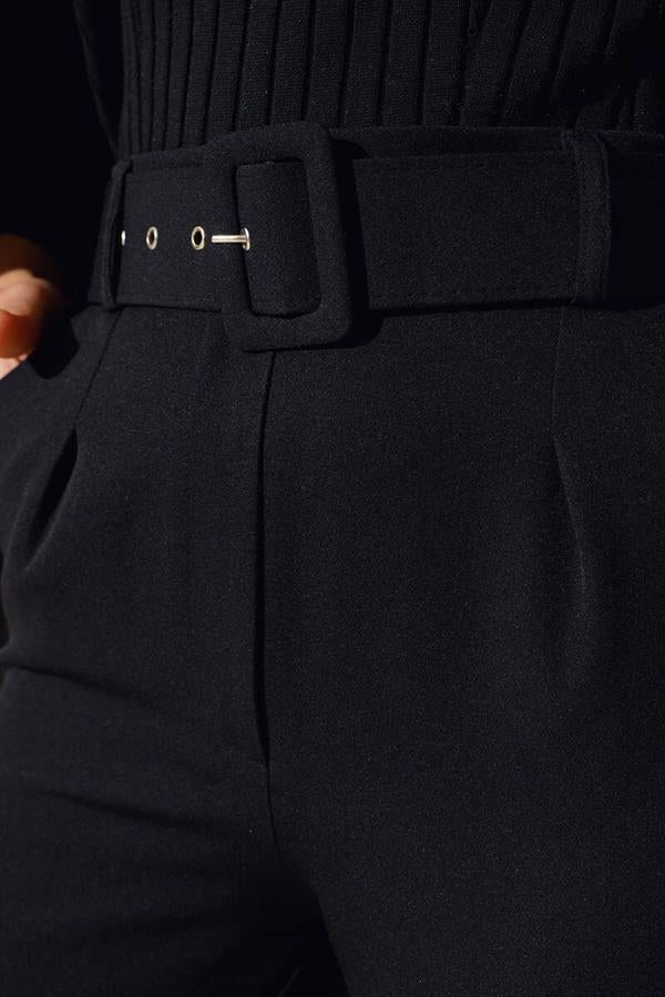 Belted, Hook-and-Loop Fabric Trousers in Black