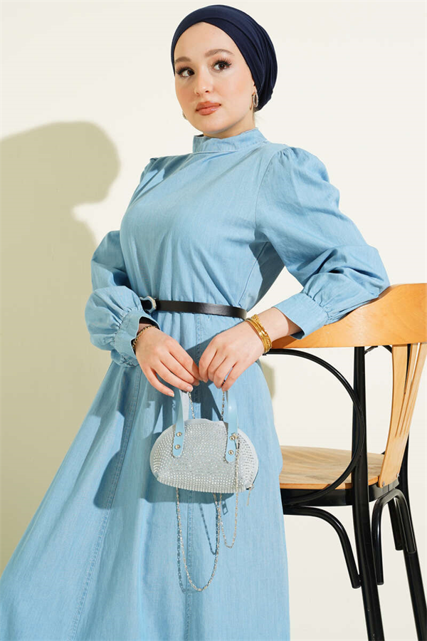 Belted Denim-Look Flared Dress, Light Blue