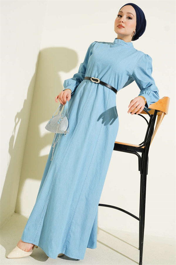 Belted Denim-Look Flared Dress, Light Blue
