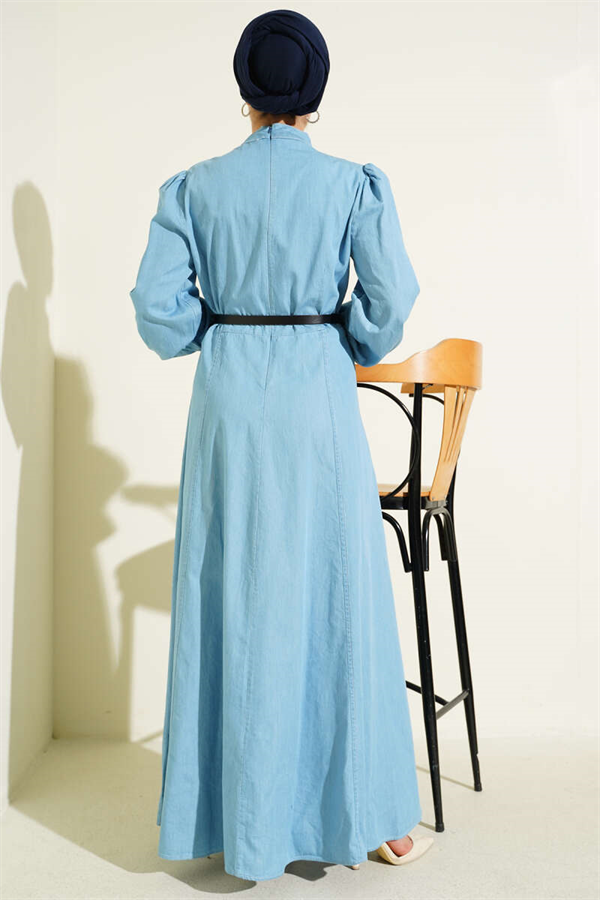Belted Denim-Look Flared Dress, Light Blue