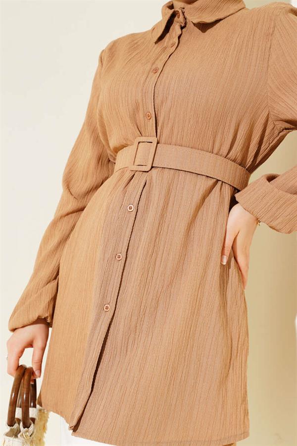 Belted Crinkle Shirt Latte