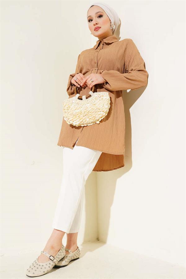 Belted Crinkle Shirt Latte