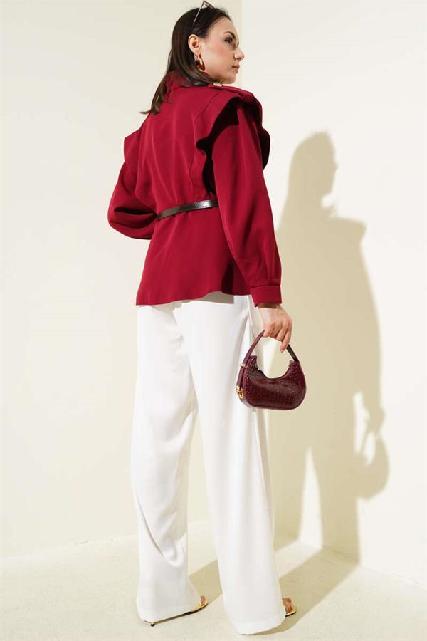 Burgundy Jacket with Belted Shoulder Epaulets