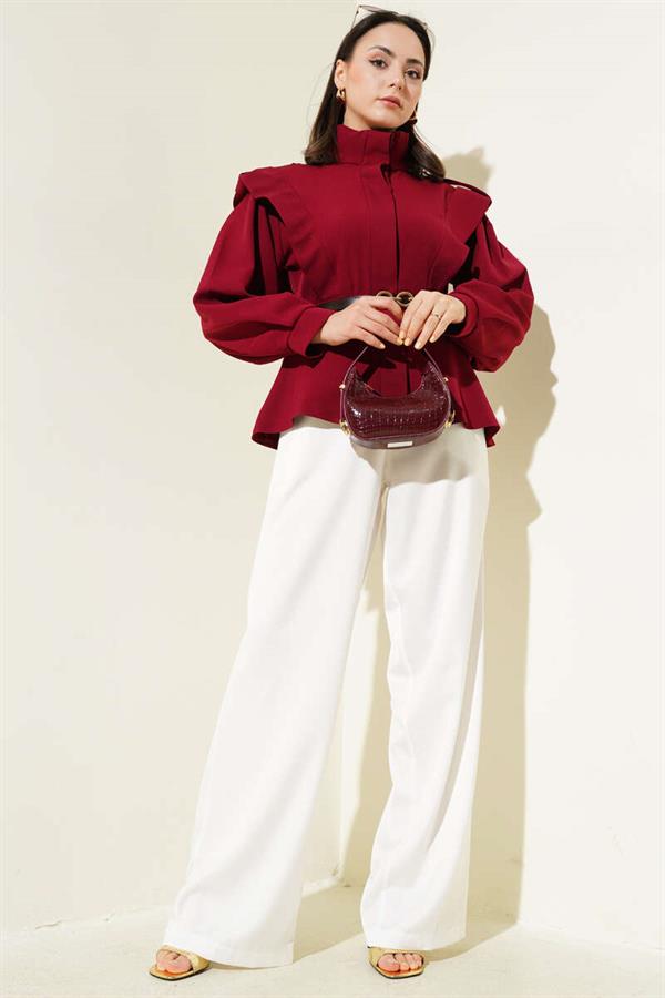 Burgundy Jacket with Belted Shoulder Epaulets