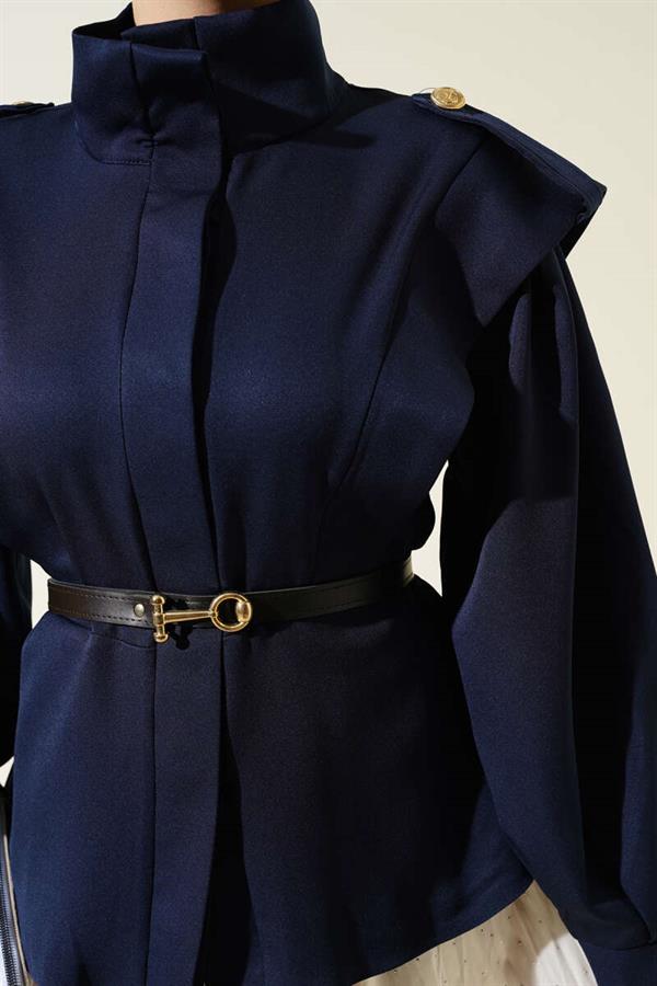 Navy Blue Jacket with Belted Shoulder Epaulets