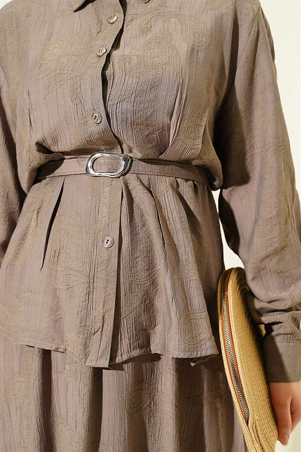 2 Piece Set with belted paisley pattern skirt, mink color.