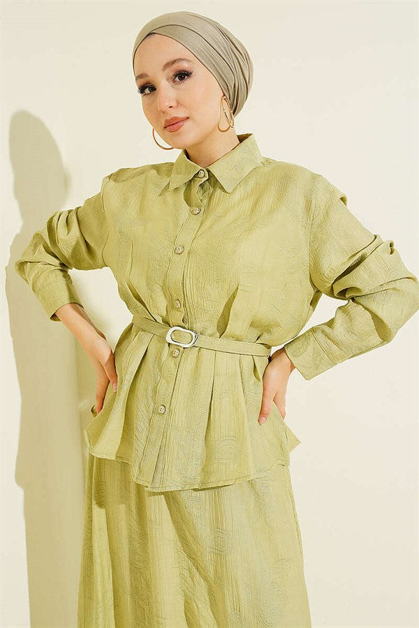 2 Piece Set with belted paisley patterned skirt, aqua green.