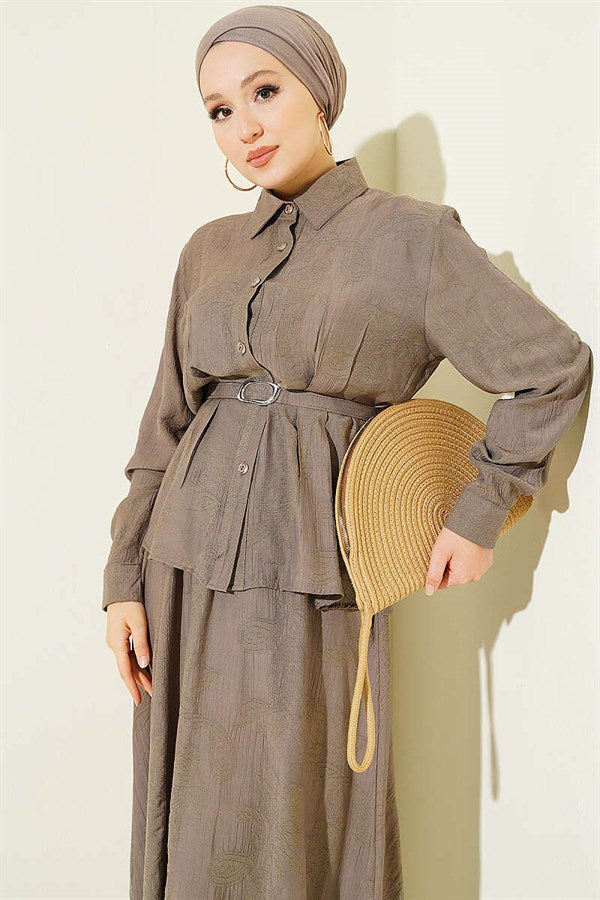 2 Piece Set with belted paisley pattern skirt, mink color.