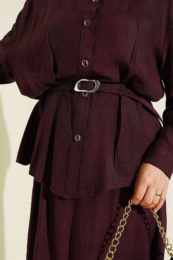 2 Piece Set with belted paisley patterned skirt, plum color.