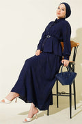 2 Piece Set with belted paisley patterned skirt, navy blue.