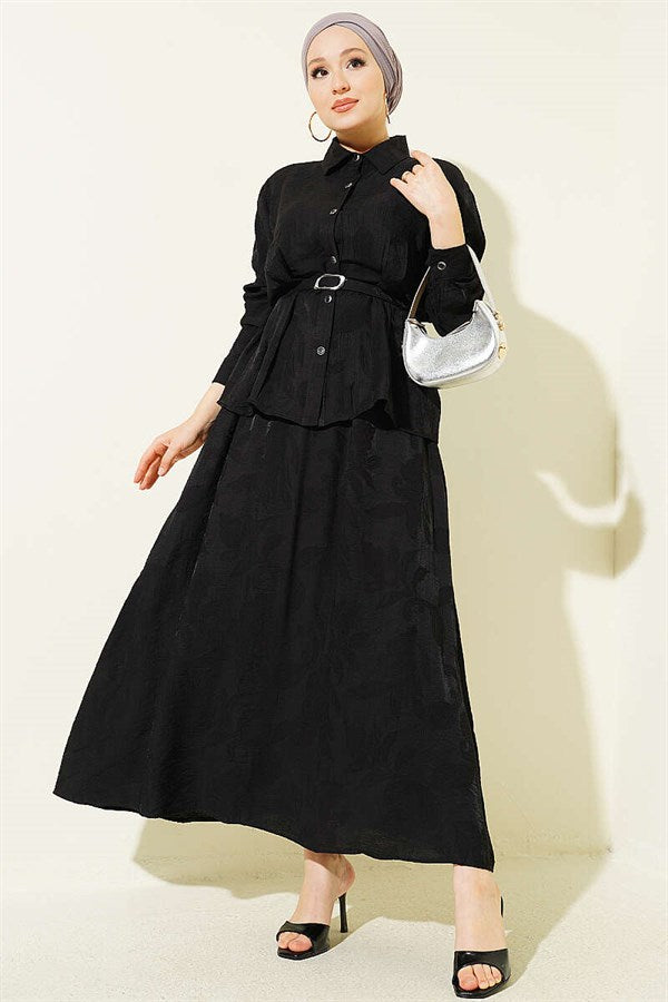 2 Piece Set with belted paisley pattern skirt, black.
