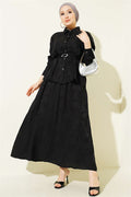 2 Piece Set with belted paisley pattern skirt, black.