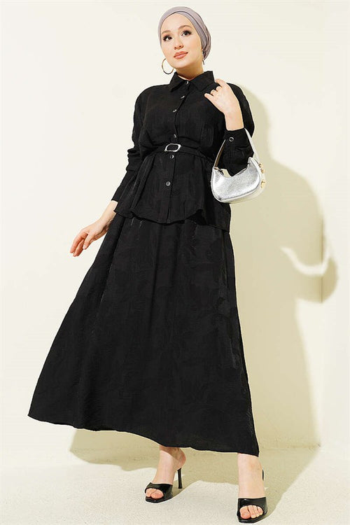 2 Piece Set with belted paisley pattern skirt, black.