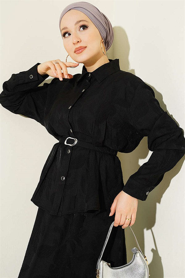 2 Piece Set with belted paisley pattern skirt, black.