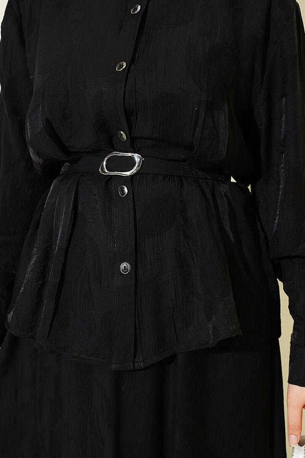 2 Piece Set with belted paisley pattern skirt, black.
