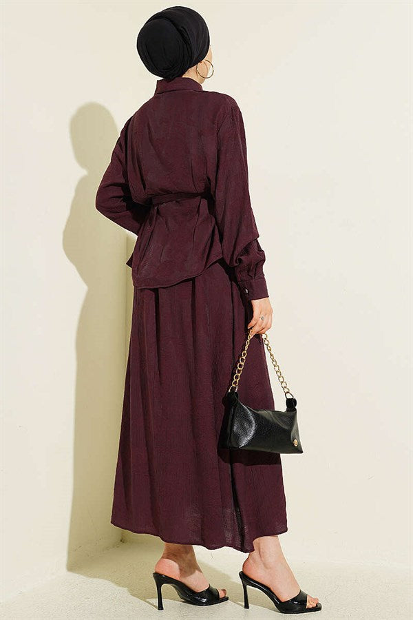 2 Piece Set with belted paisley patterned skirt, plum color.