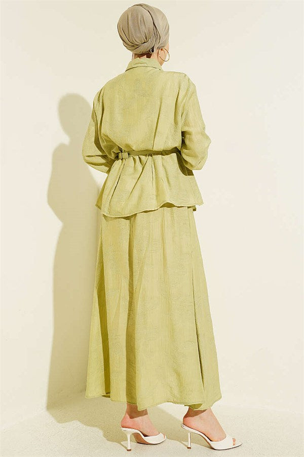 2 Piece Set with belted paisley patterned skirt, aqua green.