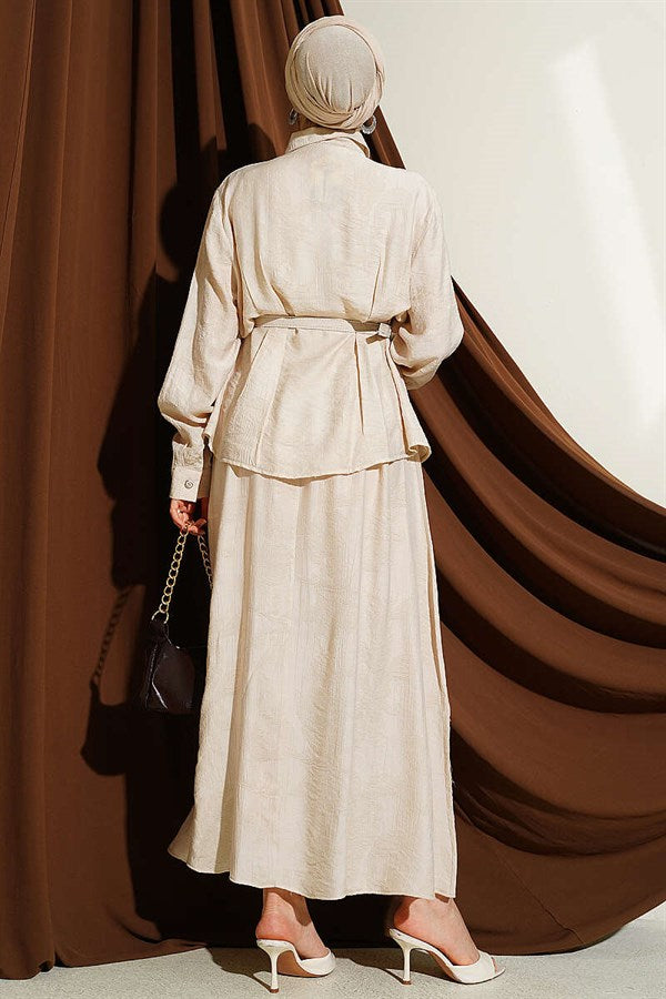 2 Piece Set with belted paisley patterned skirt, beige.