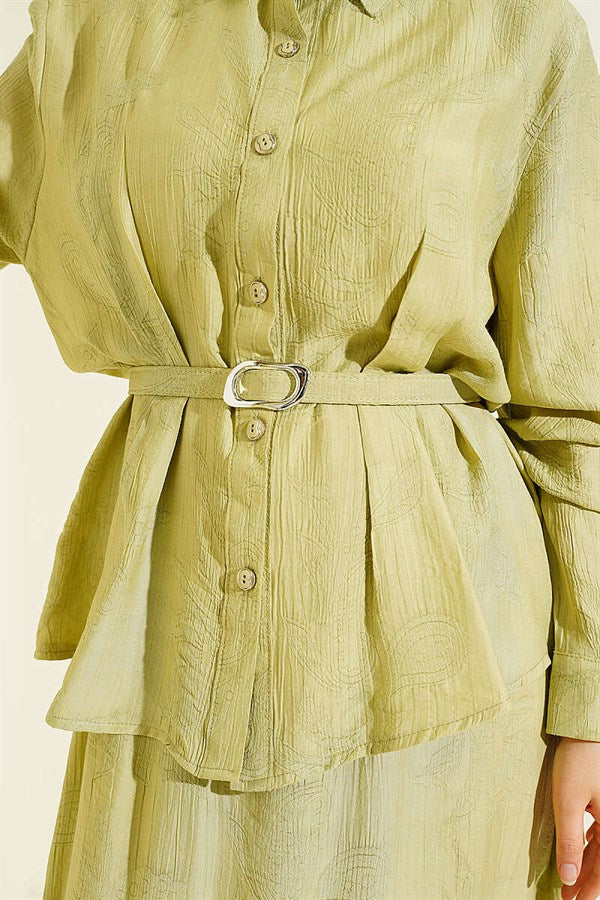 2 Piece Set with belted paisley patterned skirt, aqua green.