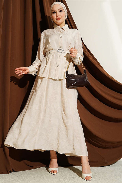 2 Piece Set with belted paisley patterned skirt, beige.