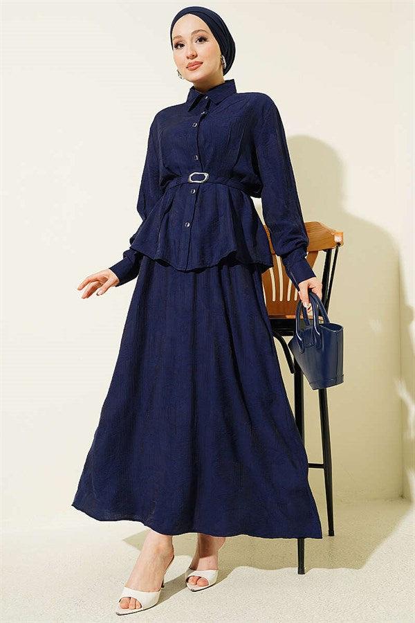 2 Piece Set with belted paisley patterned skirt, navy blue.