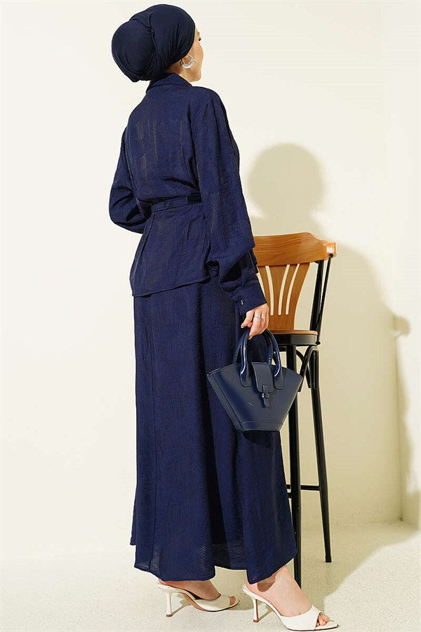 2 Piece Set with belted paisley patterned skirt, navy blue.