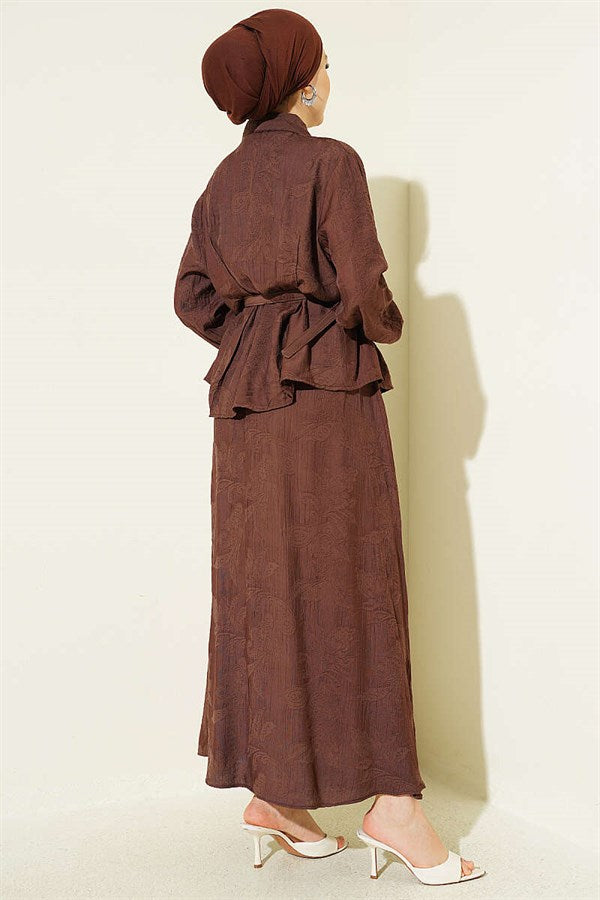 2 Piece Set with belted paisley pattern skirt, coffee brown.