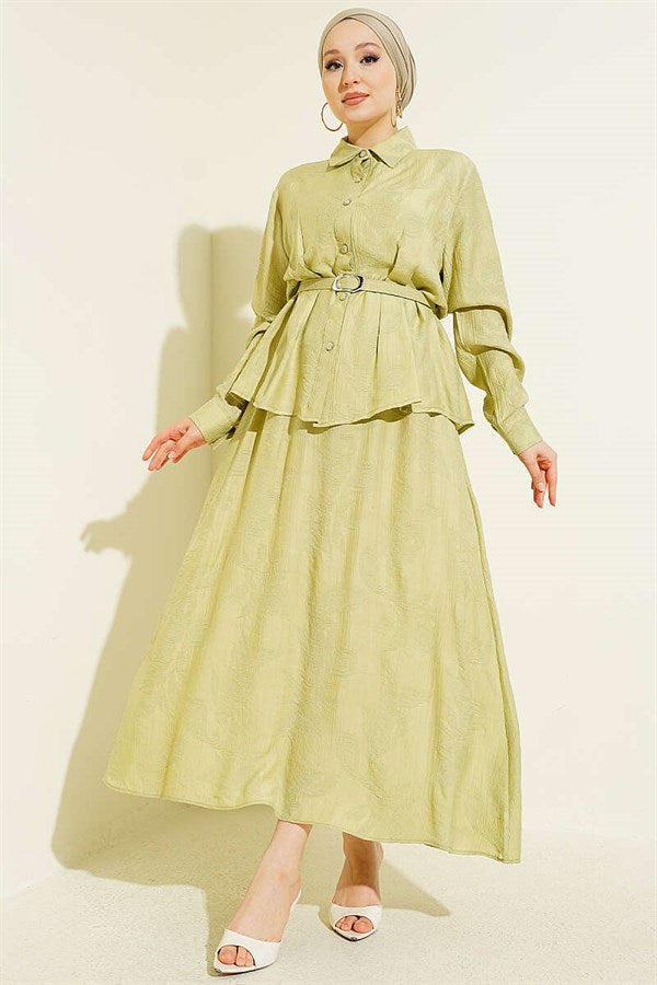 2 Piece Set with belted paisley patterned skirt, aqua green.