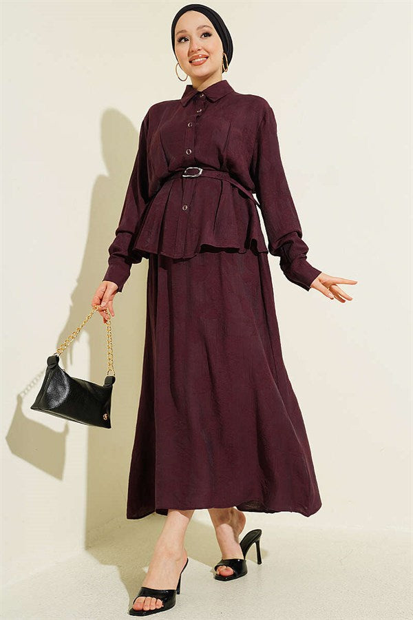 2 Piece Set with belted paisley patterned skirt, plum color.