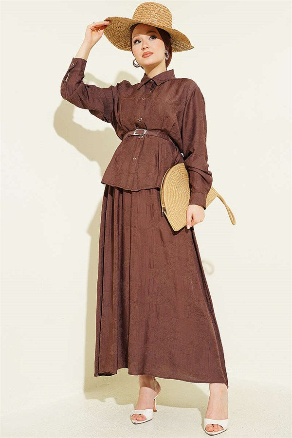 2 Piece Set with belted paisley pattern skirt, coffee brown.