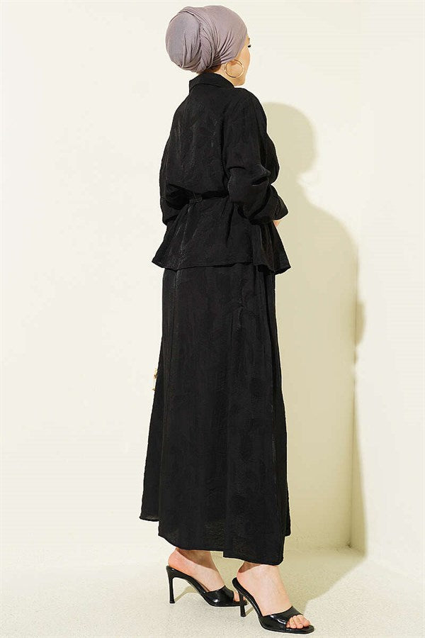 2 Piece Set with belted paisley pattern skirt, black.
